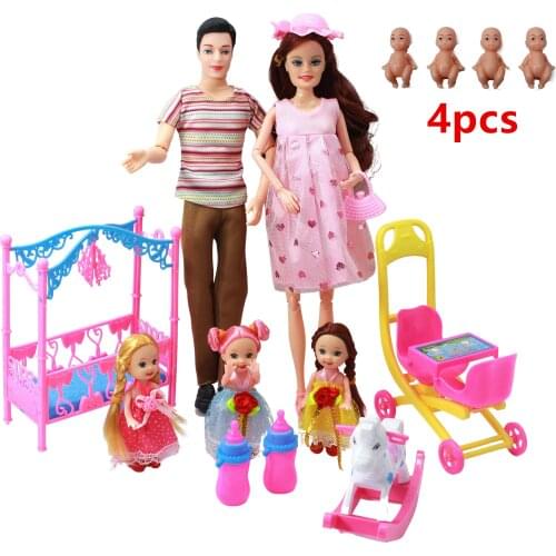 6-Person family couple combination=11.5" Barbies pregnant doll mom/daddy/girl/stroller/dining chair children toy Christmas gift