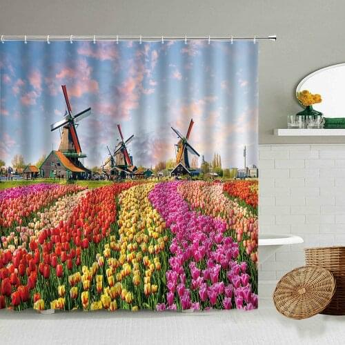 Tulip Sunflower Flower Garden Shower Curtain Summer Travel Country House Windmill Bathroom Decoration Waterproof Cloth Screen