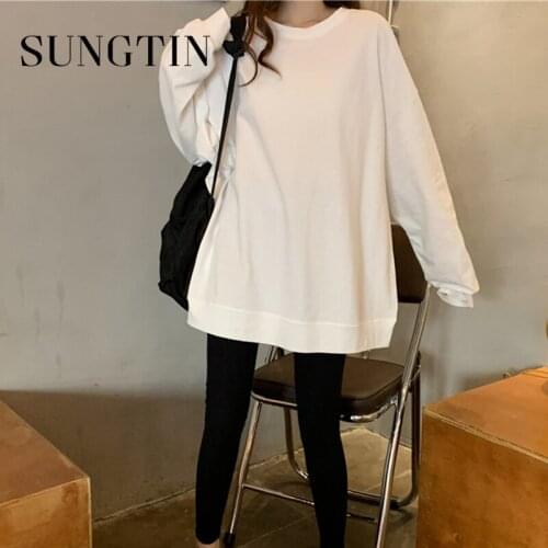 Sungtin Oversized White Solid Long Sleeve Woman Loose Basis T Shirts Korea O Neck Tops Vintage Black Elegant Female 5 Colors New