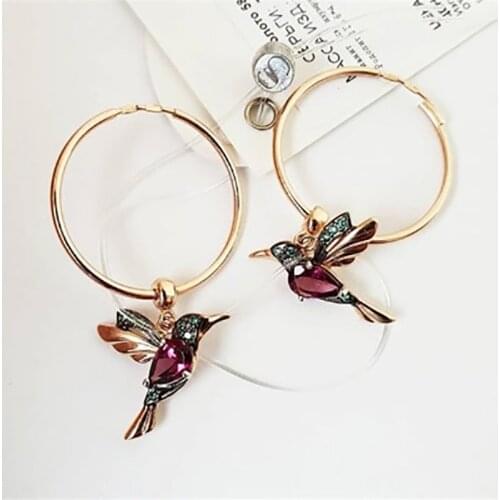 Unique Crystal Hummingbird Hoop Earrings for Women Girls Fashion Unusual Ear Rings Jewelry Vintage Tassel Bird Dangle Earrings