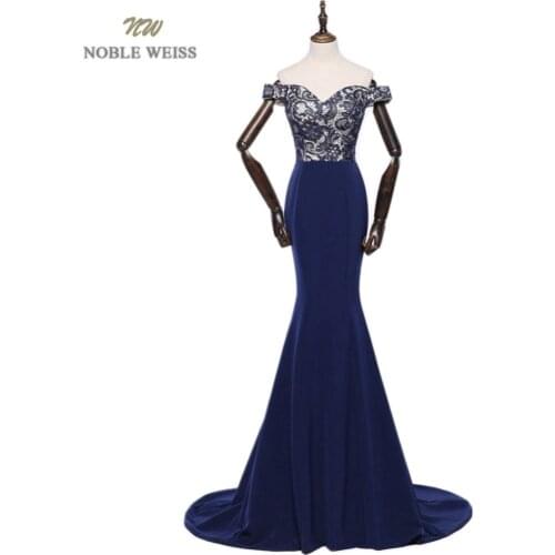 Evening Dresses Long Lace Mermaid Long Evening Dresses V-Neck Dark Blue Pageant Prom Gowns Formal Evening Gown