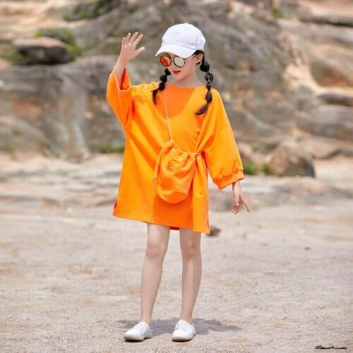 Teenage Girls Spring Casual Clothes 2021 New Children Korean Style Cotton Solid Brief Dress Fashion, #9363