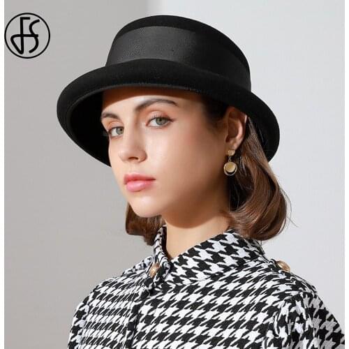 FS 2021 New British Fashion Wool Felt Dome Fedora Hats For Women Winter Church Cloche Derby Hat Fedoras Bowler Cap With Ribbon
