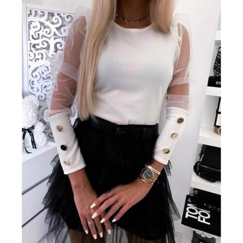 Women Mesh Puff Blouse 2020 Shirt Long Sheer Sleeve Tops Pullover Blouse Shirts Casual Party Club Blouses OL Shirt Clothing