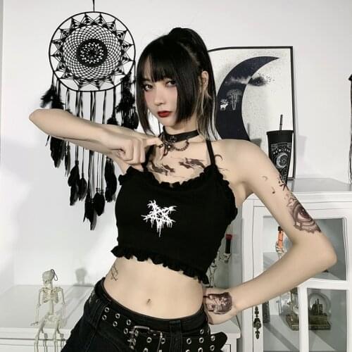 Lady Short-length Backless Ruffles Cool Pentagon Star Print Goth Camisole Hipster Top Black Gothic Basic Women Camis 2021 Summer