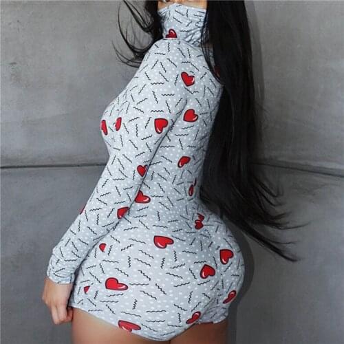 Sexy Lady Bodysuit Women Deep V Neck Mature Long Sleeve Bodycon Love Heart Print Jumpsuit Shorts Romper Face Cover Bodysuit