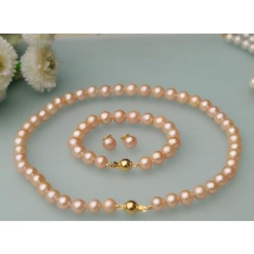Womens 7-8mm Natura Pink Freshwater Pearl Necklace 18" Bracelet 8" Earrings Set AA
