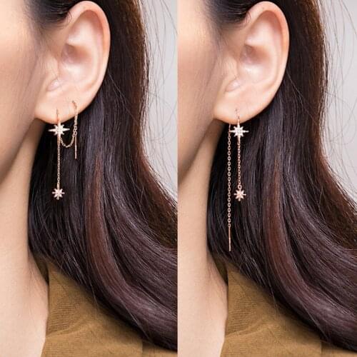 100% Real 925 Sterling Silver Star Threader Earrings Delicate Long Stars Tassel Earrings Pull Threader Earrings for Women E0019