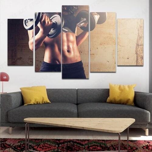 Sexy Fitness Workout Girl Fitnes Dumbbells 5pcs Decoration Gym Home Living Room Decoration Photos Canvas Poster