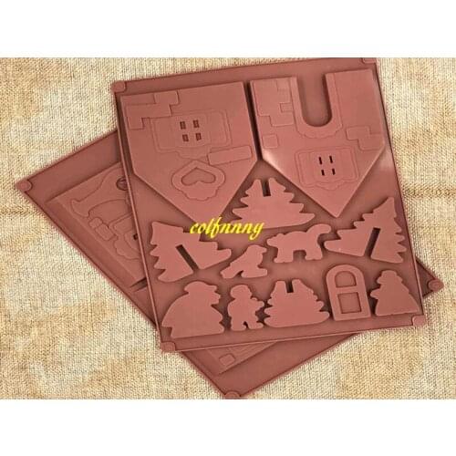50sets/lot Fast shipping 2pcs/set DIY 3D Christmas House Silicone Mold Chocolate Cake Mould For Make Biscuits Cake