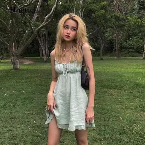 90S Fashion Drawstring Lace-Up Ruffles Short Dresses Y2K Streetwear Backless Strapled Milk Maid Dress Green A-Line 2021