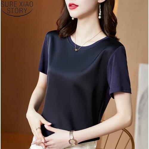 Blusas Mujer De Moda 2021 Verano Elegantes Satin Silk Short Sleeve Blouse Model Fashion Office Lady O-neck Women Tops 13378
