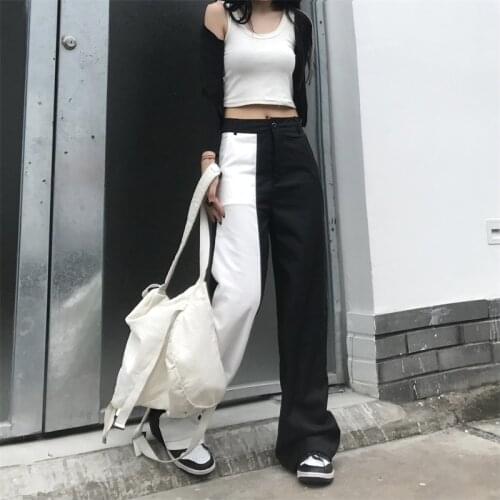 Black and White Patchwork Suit Pants for Women Korean Style Fashion Trend Office Ladies Clothes Wide Leg Trouser Punk Streetwear