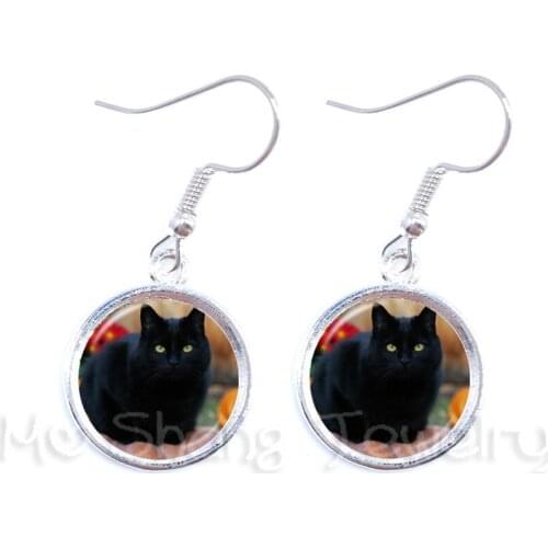 Black Cat Earrings Round 16mm Glass Dome Cabochon Animal Handmade Fashion Drop Earrings Creative Gift