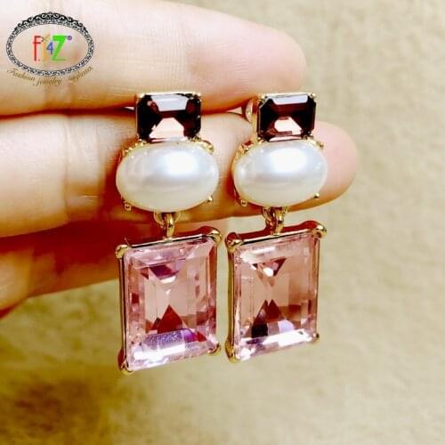 F.J4Z Elegant Trend Earrings for Women Designer Pink Square Imitation Stone Cocktail Earrings Simulated Pearl Jewelry Gifts