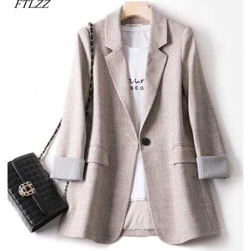 FTLZZ Spring New Arrival Women Vintage Solid Blazer Office Ladies Elegant Loose Spliced Sleeve Suit Jacket Casual Outerwear