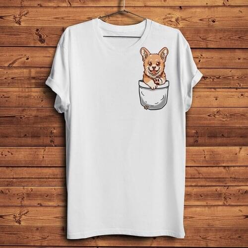 Cute Corgi dog Puppy in Pocket funny tshirt men summer new white casual short sleeve unisex cool 3d streetwear t shirt