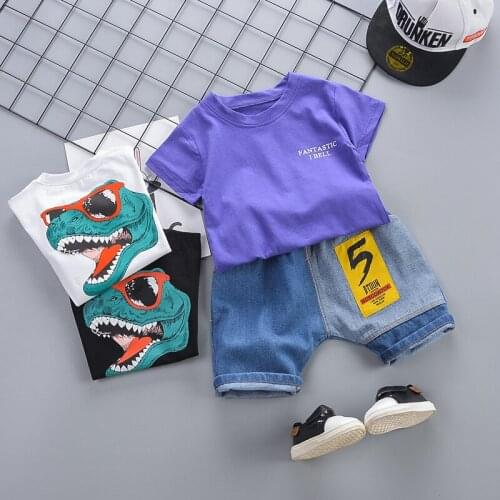 Cartoon Print Clothes Sets Short Sleeved Summer Boy Clothing Casual Cotton T Shirt Denim Pants Children Suits For 1-5 Years