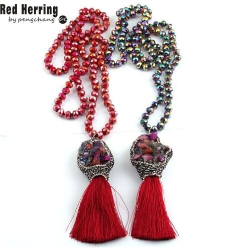Fashion Bohemian Tribal Jewelry Long Crystal Glass Knotted Natural Druzy Red Tassel Pendant Necklaces