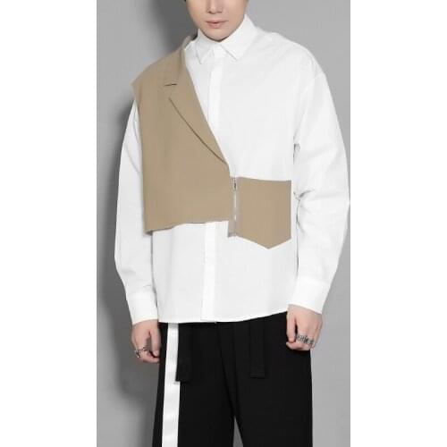 Spring and autumn mens lapel asymmetric irregular personality patchwork color stitching cut casual long sleeve shirt