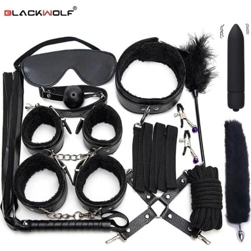 Sexy Leather BDSM Kits Plush Sex Bondage Set Handcuffs Sex Games Whip Gag Nipple Clamps Sex Toys For Couples Exotic Accessories