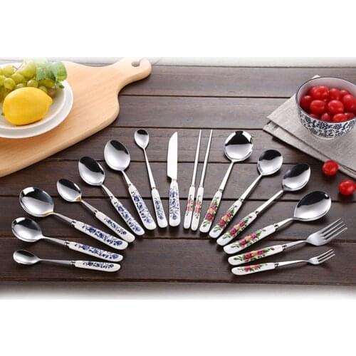Korean Stainless Steel Metal Ceramic Handle Tableware Spoon Chopsticks Fork Dinner Knife Free Combination Cutlery Set