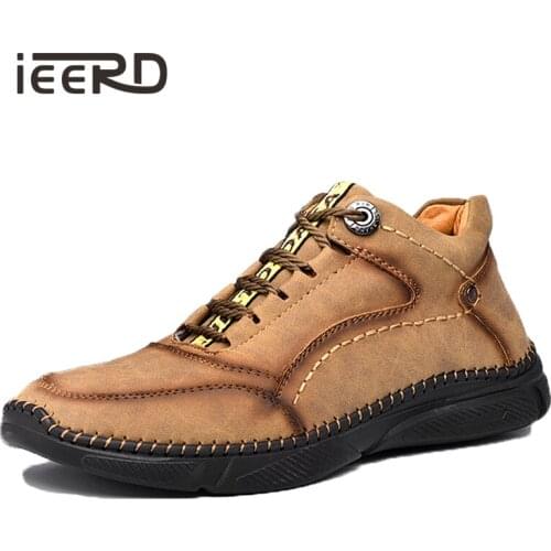 2020 New Leather Men Boots Winter Handmade Ankle Boots Khaki Outdoor Warm Boots Men Casual Leather Shoes Men Winter
