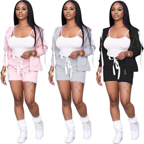 Solid Three Piece Set Women Autumn Clothes Crop Tops +Long Sleeve Zipper Hooded Jacket + Pockets Shorts Loose Jogging Tracksuit