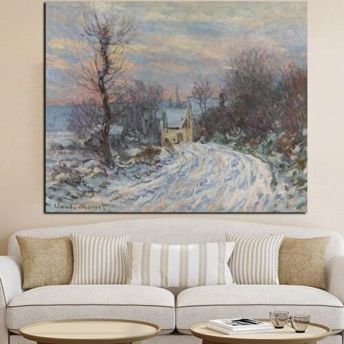 Print Canvas Wall Art Impressionist Claude Monet Giverny in Winter Snow Landscape Oil Painting Poster Picture for Living Room