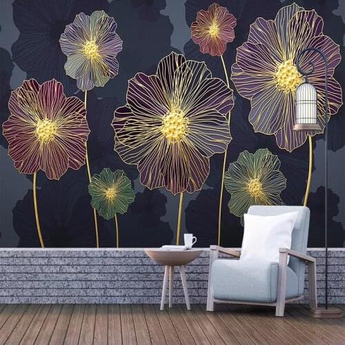 Custom 3D Wallpaper Modern Light Luxury Plant Flowers Beautiful Fantasy Golden Embossed Lines Murals Living Room Creative Fresco