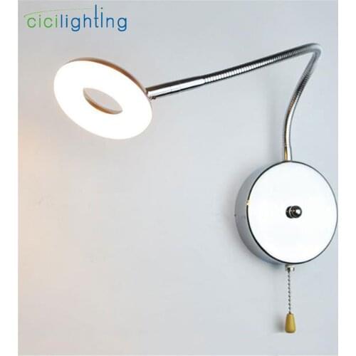 Industrial 5W Gooseneck Bedside Reading Light, Wall/Headboard Plug in LED Art Gallery Display Lamp with Pusll Chain Switch Lamps