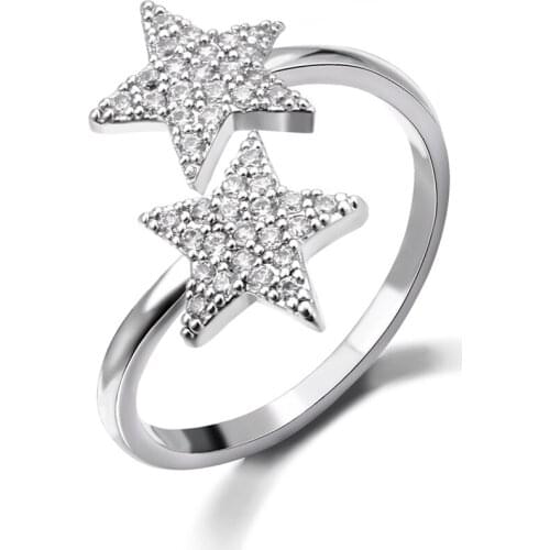 Adjustable two stars opening Ring Cubic Zirconia Ring Gold Silver Color star rings finger for woman and Girls Jewelry Gift 2020