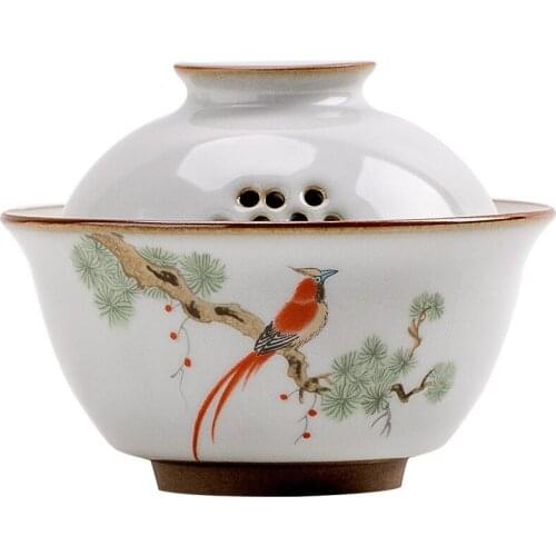 Ru kiln bird gardon gaiwan retro three-person pastrol ceramic tea bowl tureen accessories home decor
