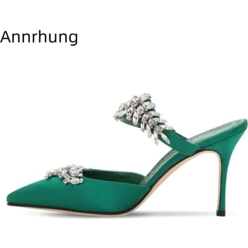 Rhinestone Satin Slippers Thin High Heels Women Sexy Pointed Toe Slides Crystal Flower Fashion Slides Dress Shoes Woman