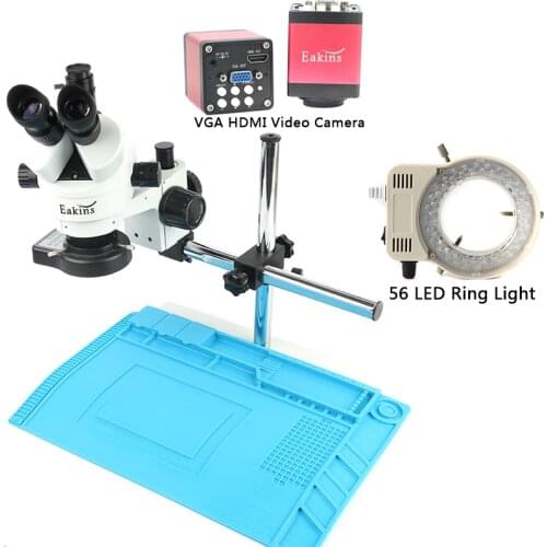 Simul-focal 7-45X Trinocular Stereo Zoom Microscope HDMI VGA 13MP Microscope Camera + 56 LED Light + Insulation Pad Mat
