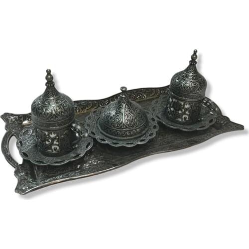 Turkish Coffe Set With Serving Tray , Espresso Mugs , Turkish Ottoman Coffee Set , Metal and Ceramic Coffee Set