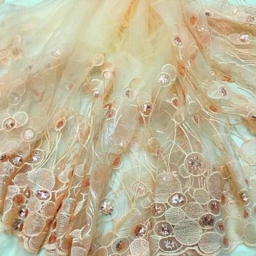 Free shipping Bilateral quality gauze lace paillette embroidered clothes skirt light pink fabric 145cm