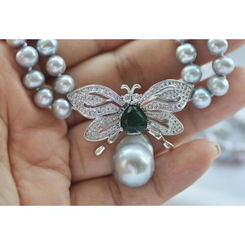 Z11004 2Row 17" Gray Round Keshi Pearl Necklace Peadant Butterfly CZ