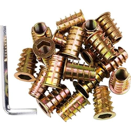 100Pcs 1/4inch-20 x 15mm Furniture Screw in Nut Threaded Wood Inserts Bolt Fastener Connector Hex Socket Drive