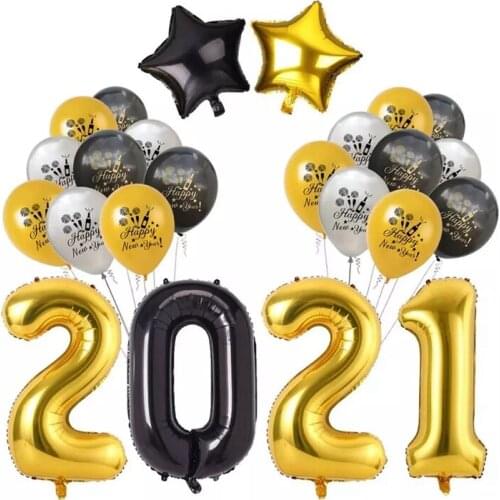 24Pcs/Set Gold & Black Latex Balloons Happy New Year 2021 Ballon New Year Eve Party Holiday Christmas Party Decoration 2021