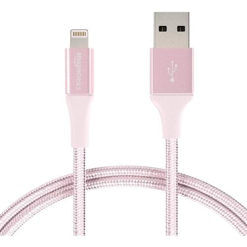 AmazonBasics Double Braided Nylon Lightning to USB Cable, Advanced Collection, MFi Certified iPhone Charger, Rose Gold, 3 Foot