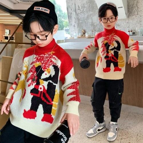 Kids Sweaters Autumn Winter Christmas Cartoon Pattern Knitted Sweater Teen Boy Turtleneck Warm Outerwear Children Knitwear Tops