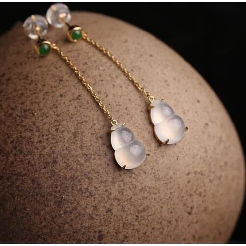 Designer original natural high ice chalcedony gourd earrings elegant charm creative retro female silver jewelry