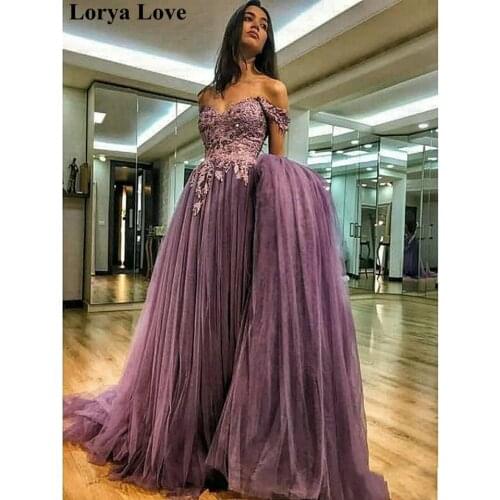 Purple Off The Shoulder Evening Dresses For Women 2020 Special Backless Formal Party Night Prom Gowns Appliques Tulle Vestidos