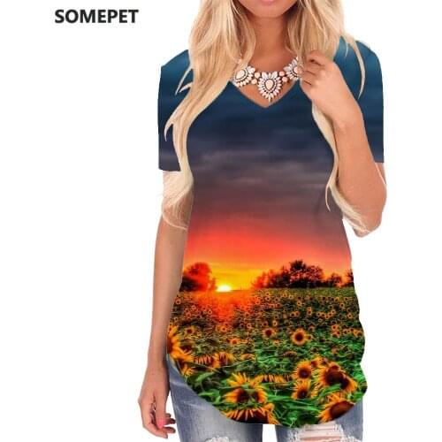 SOMEPET Sunflower T-shirt women Cloud V-neck Tshirt Romantic Funny T shirts Sun T-shirts 3d Womens Clothing Punk Rock Printed
