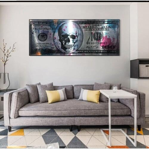 Skull Money Art Canvas Print Painting 100 Dollar Creative Personality Modern Living Room Wall Picture Home Decoration Poster