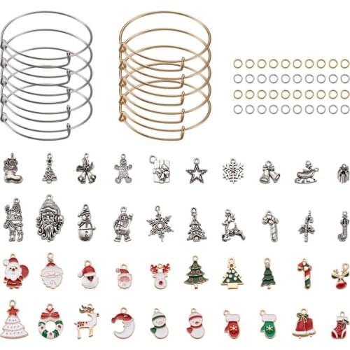 1set Adjustable Stainless Steel Bangles Making Accessories with Jump Rings Alloy Pendants for DIY Christmas Theme Bangle Making