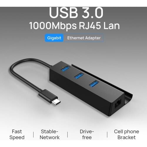 USB Type C Hub USB-C RJ45 Adapter Gigabit Ethernet 1000Mbps LAN Adapter USB-A 3.0 Port with Phone Holder For Macbook Notebook
