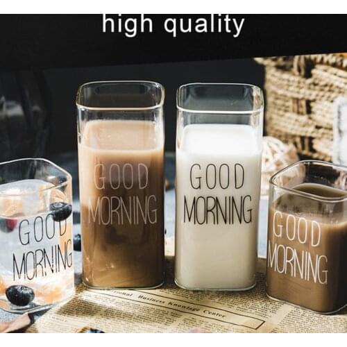 Square Glass Mug Creative Letter Printing Breakfast Milk Coffee Cup Crystal Transparent Heat-resistant Drinkware Gift #7