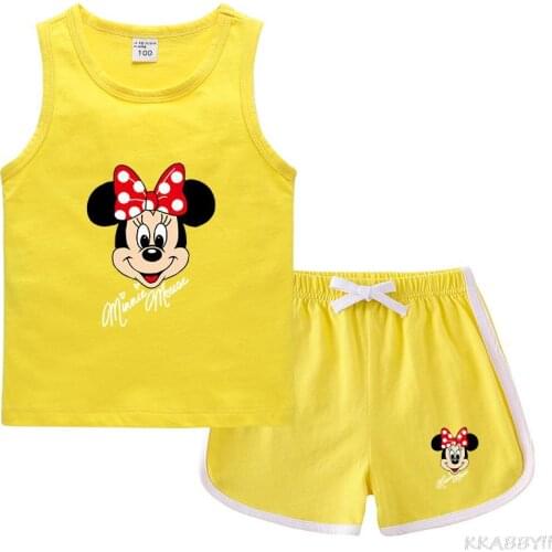 Disney Minnie Mouse summer new childrens clothing girls fashion sports cartoon sleeveless T-shirt + shorts cotton clothing
